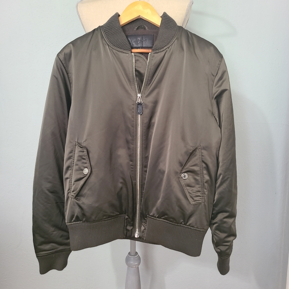 7‎ For All Mankind Satin Army Green Bomber Jacket Size Medium